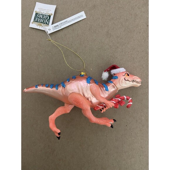 Noble Gems Santa Velociraptor Dinosaur  w Candy Cane Christmas Ornament 6 In - Picture 4 of 5
